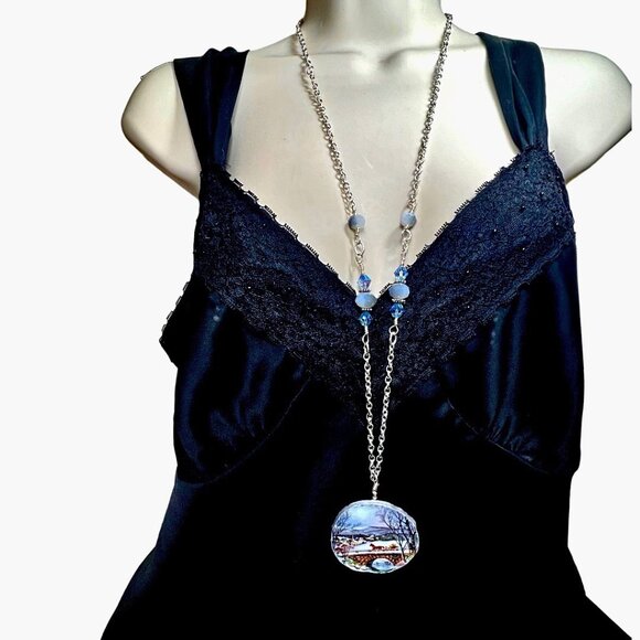 1989 Avon Dashing Through The Snow Broken China Necklace W Multifaceted Crystals - Picture 3 of 17